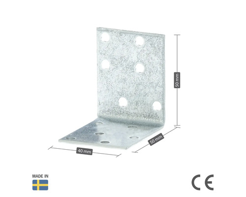 Vinkelbeslag av metall, 50 x 50 x 40 millimeter med hål