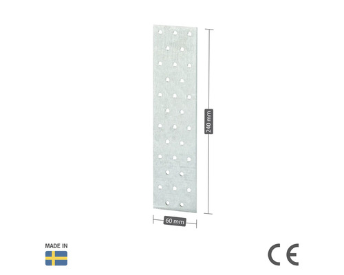 Perforerad plattanslutning av metall, 240 mm lång och 60 mm bred