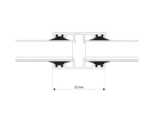 Teknisk ritning av en aluminiumanslutning med en bredd på 52 millimeter.