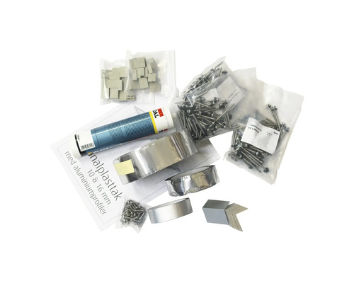 Tillbehör för kanalplastskivor med tätningsmedel, aluminiumtejp, skruvar och distanser