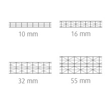 Schematisk bild av olika tjocklekar på kanalplast: 10 mm, 16 mm, 32 mm och 55 mm.