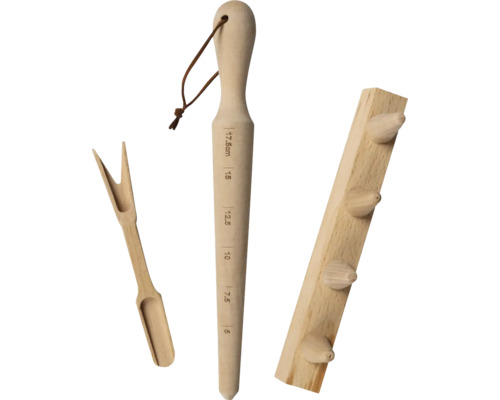 Träset med planteringsverktyg: Prikklist med mätskala, planteringspinne och såhjälp