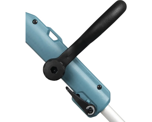 Detaljbild av en grästrimmer med handtag och justerbara element