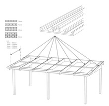 Diagram över en uteplats med tak av polykarbonatskivor och profiler i olika tjocklekar
