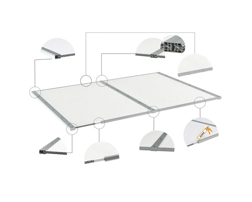 Detaljvy av ett terrassöverdrag med kanalplastskivor och aluminiumprofiler