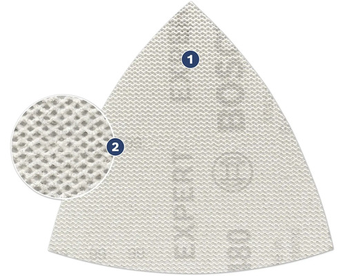 Triangulärt slippapper med kardborrefäste och detaljbild av slippappersstrukturen