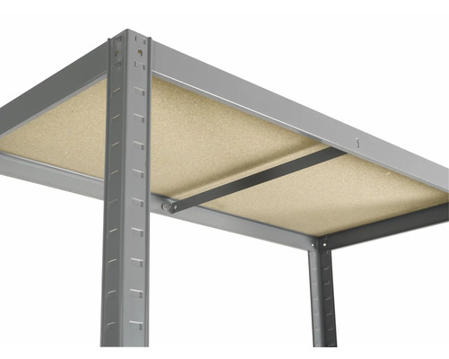 Detaljvy av en metallhylla med trähyllor