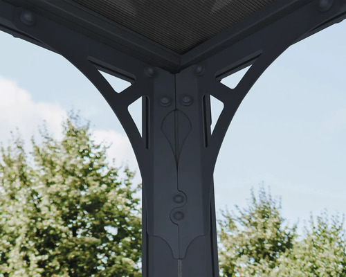 Detaljvy av en metallpaviljongkonstruktion framför träd och himmel