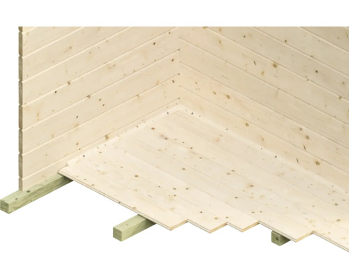 Hörnvy av ett trädgårdshus med träväggar och trägolv på grundbjälkar