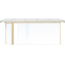 Illustration av ett träterrassöverdrag med transparenta väggelement.