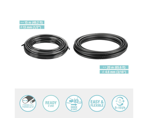 Två rullar bevattningsslangar med längder på 15 meter och 20 meter