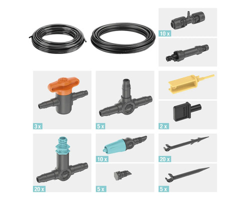 Bevattningsset med slangar, kopplingar och regulatorer för trädgårdsbevattning