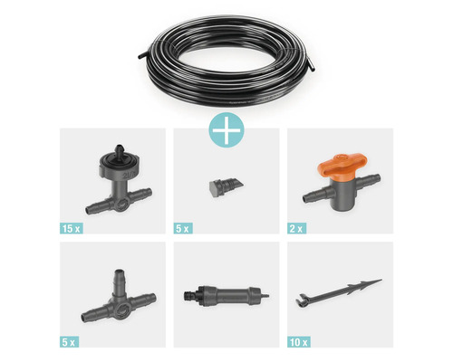 Gardena Micro-Drip-System startset för blomkrukor M med droppslang, regleringspluggar, reducerare, avstängningsventiler, T-kopplingar, anslutningsstycken och rörhållare