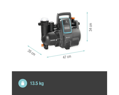 Gardena hydroforpump med måtten 26 cm x 47 cm x 34 cm och en vikt på 13,5 kg