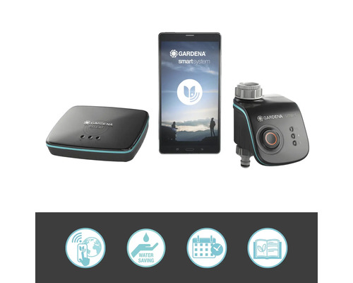 Gardena Smart System bestående av gateway, kontrollpanel och app på en surfplatta