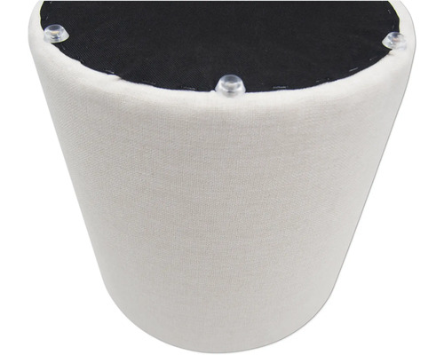 Undersida av en rund pall med tygklädsel och fötter