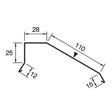 Teknisk ritning av en plåt med måtten 25, 28, 110, 12 och 15
