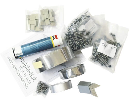 Tillbehör för plastskivor med aluminiumprofiler, inklusive tätningsmedel, skruvar, hörnprofiler och tätningsband