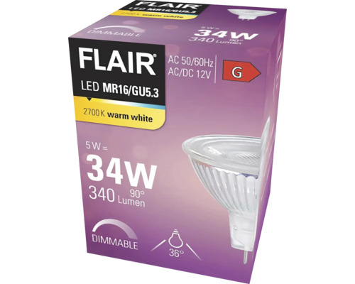 Förpackning för en dimbar Flair LED MR16/GU5.3 lampa med 5 watt, 340 lumen och energiklass G