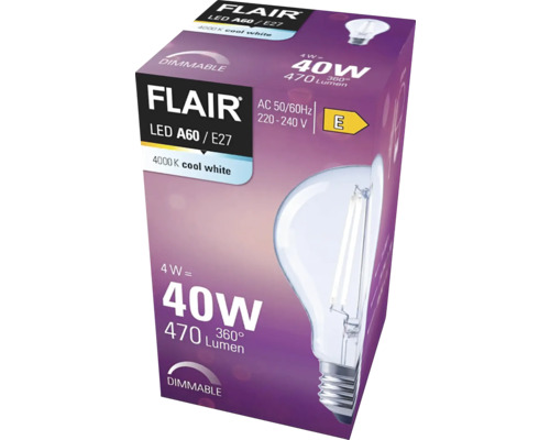 Förpackning av en dimbar Flair LED-lampa A60 med E27-sockel, 4000 Kelvin kallvit