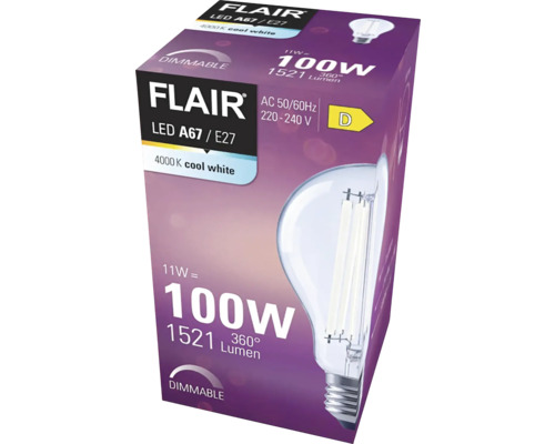 Förpackning för en dimbar Flair LED A67 / E27 lampa med 11 watt, 100 watt ekvivalent och 4000 kelvin kallvit