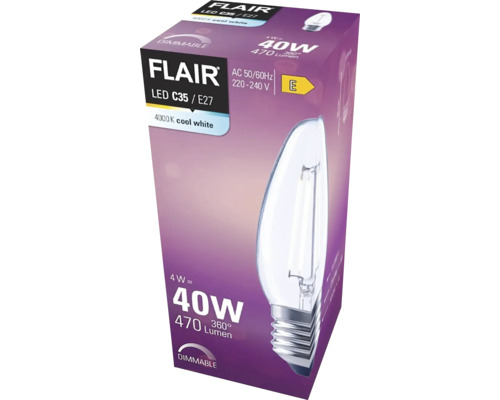 Förpackning för en dimbar Flair LED C35 E27-lampa med 4 watt, motsvarar 40 watt, 470 lumen och 4000 kelvin kallvit