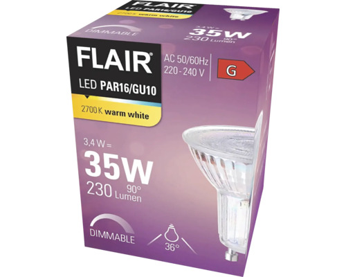 Förpackning med en dimbar Flair LED PAR16 GU10 lampa med 35 watt