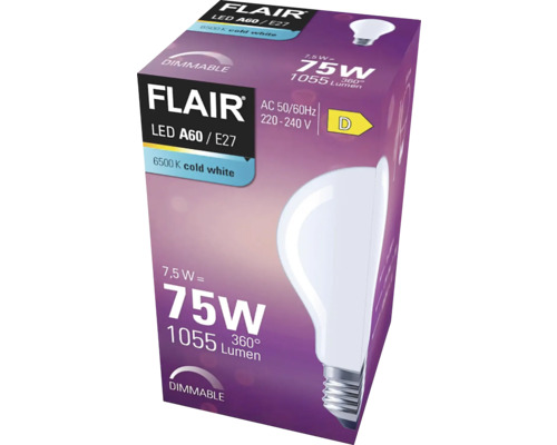Förpackning för dimbar Flair LED-lampa A60 E27 med 7,5 watt och 1055 lumen