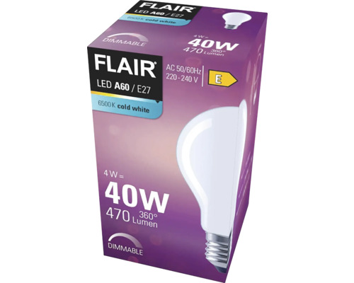 Förpackning för en dimbar Flair LED-lampa A60 E27 med 4 watts effekt och kallvitt ljus