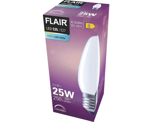 FLAIR LED-lampa C35/E27, kallvit, dimbar