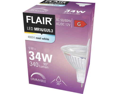 Förpackning för en dimbar Flair LED MR16/GU5.3-lampa med 4000 Kelvin kallvitt ljus