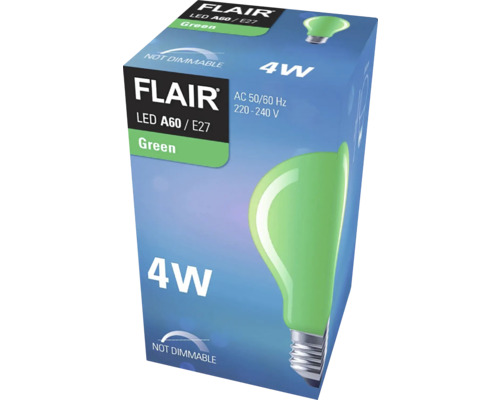 Förpackning av en grön Flair LED-lampa A60 E27 med 4 watt