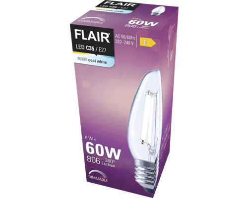 Förpackning för en dimbar Flair LED C35 E27-lampa med 4000 Kelvin kallvitt ljus