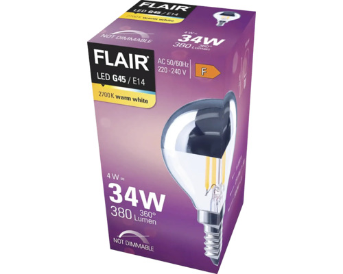 Förpackning för en icke-dimbar Flair LED-lampa G45 E14 med 4 watt och 380 lumen