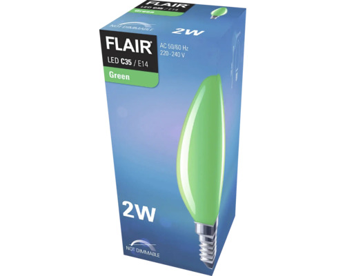 Flair LED-lampa C35 E14, ljuskälla i grönt, 2 watt