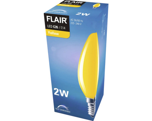 Förpackning för en gul Flair LED C35 E14-lampa, 2 watt, ej dimbar