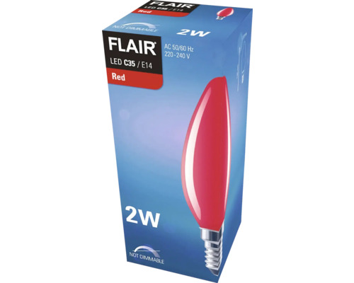 Förpackning för röd Flair LED C35 E14 2 watts lampa