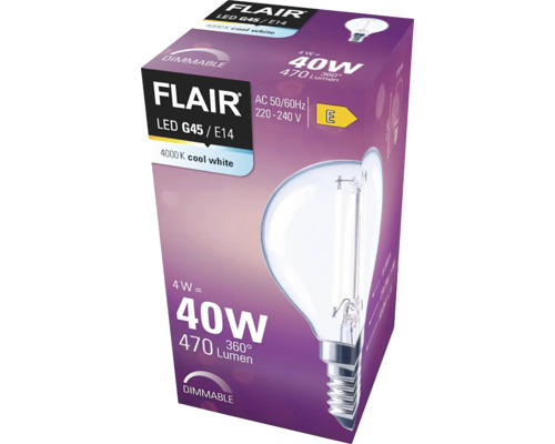 Förpackning med en dimbar Flair LED-lampa G45 E14 med 4 watts effekt