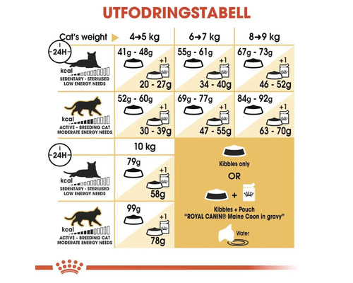 Utfodringstabell för katter med viktangivelser och utfodringsrekommendationer