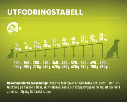 Utfodringstabell för hundar med viktangivelser och rekommenderad fodermängd