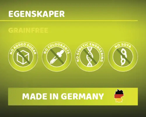 Ingen tillsatt socker-sigill, Inga färgämnen-sigill, Ingen genteknik-sigill, Ingen soja-sigill, Tillverkad i Tyskland-sigill