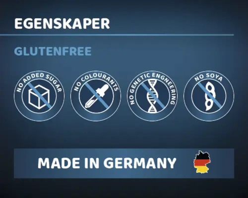 Egenskaper: Glutenfri, inget tillsatt socker, inga färgämnen, ingen genteknik, ingen soja, tillverkad i Tyskland