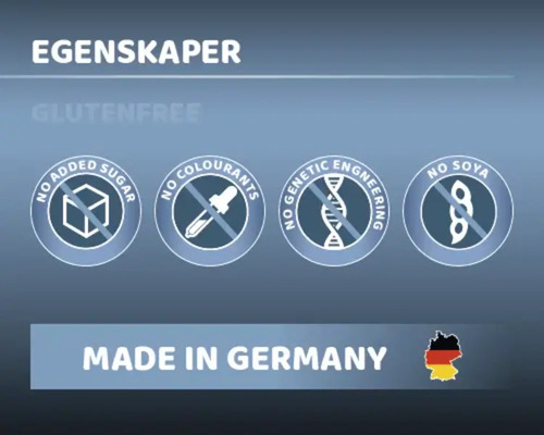 Egenskaper: inget tillsatt socker, inga färgämnen, ingen genteknik, ingen soja, tillverkad i Tyskland