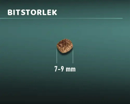 Storlek på torrfoderbit med en diameter på 7 till 9 millimeter.