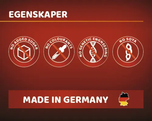 Inget tillsatt socker, inga färgämnen, ingen genetisk modifiering, ingen soja, tillverkad i Tyskland