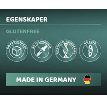 Egenskaper: Glutenfri, inget tillsatt socker, inga färgämnen, ingen genteknik, sojafri, tillverkad i Tyskland