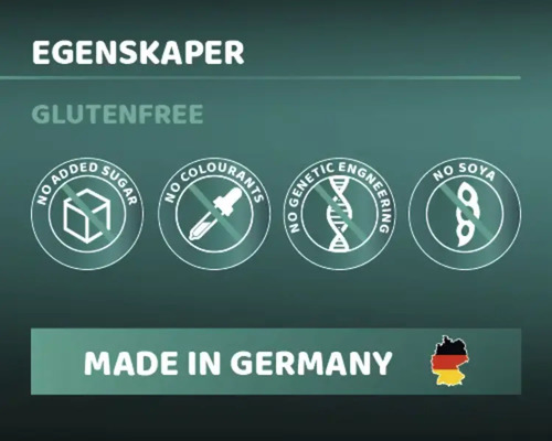 Egenskaper: Glutenfri, inget tillsatt socker, inga färgämnen, ingen genteknik, sojafri, tillverkad i Tyskland