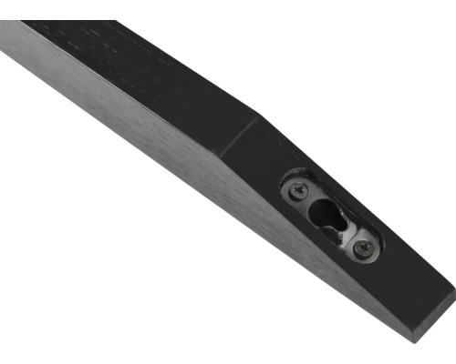 Detaljvy av ett svart hyllkonsol i trä med fäste