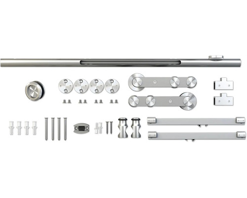 Skjutdörrsbeslag set med skena, rullar och fästmaterial
