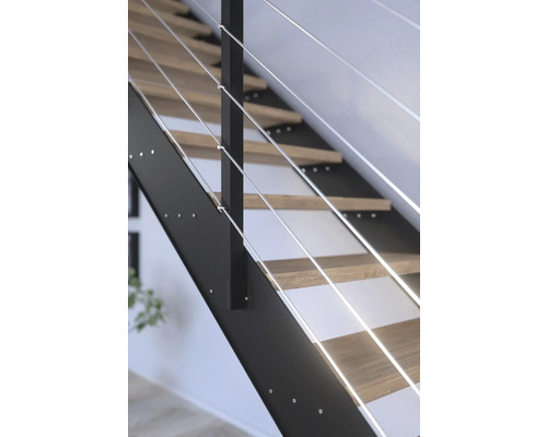 Trappa med trätrappsteg och räcke i stålwire